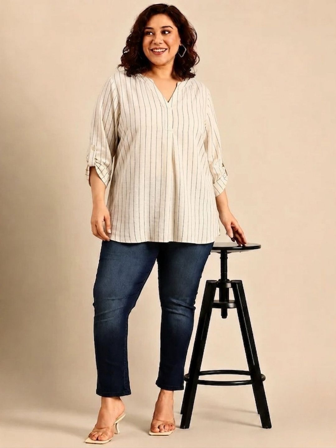 Off White Striped V-Neck Top