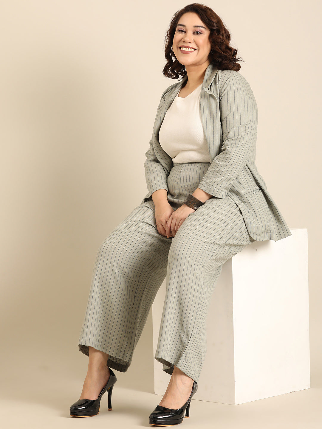 Olive Pinestripe Formal Blazer and Pant Co-ord Set (2 Piece)1