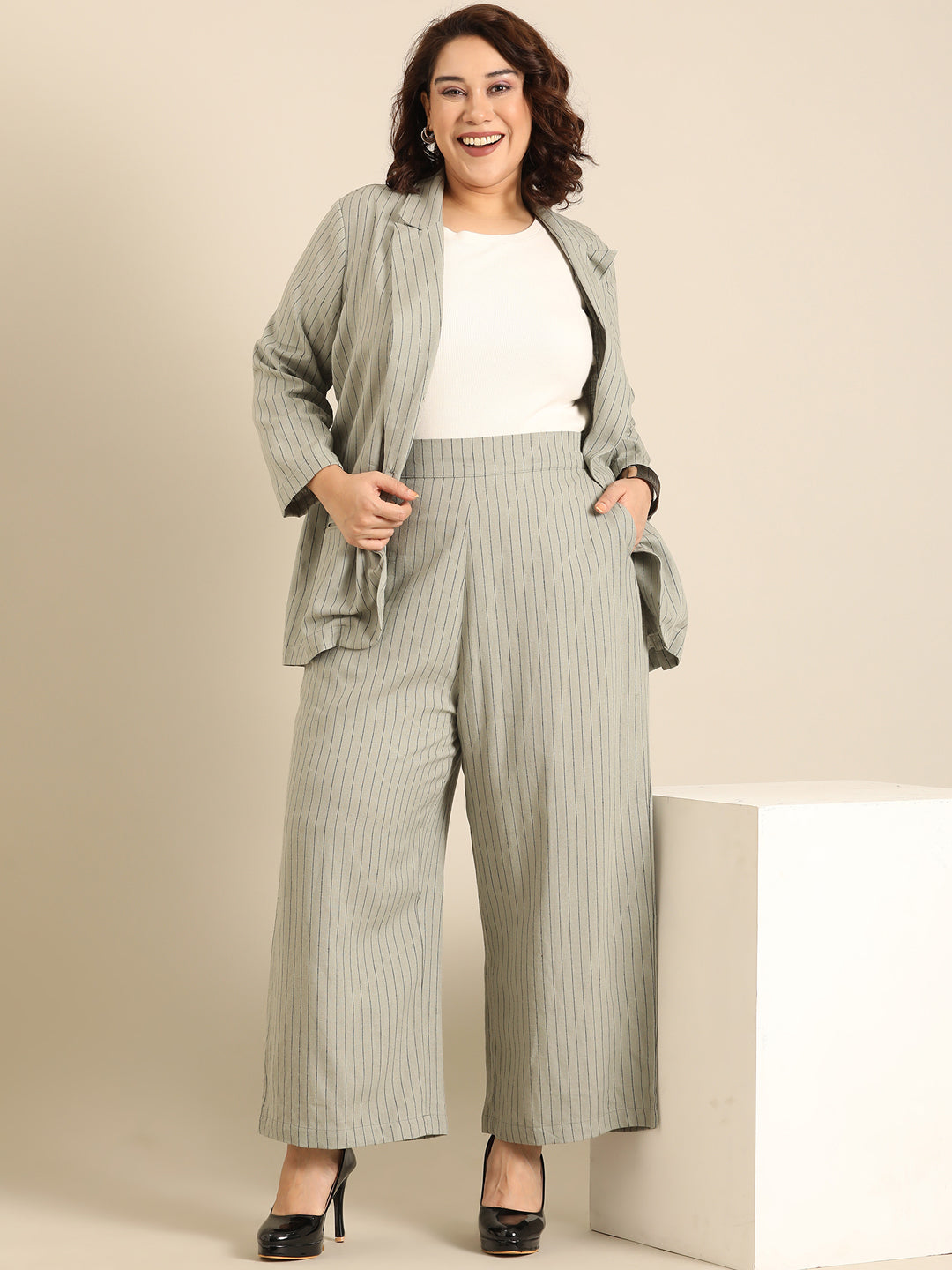 Olive Pinestripe Formal Blazer and Pant Co-ord Set (2 Piece)12