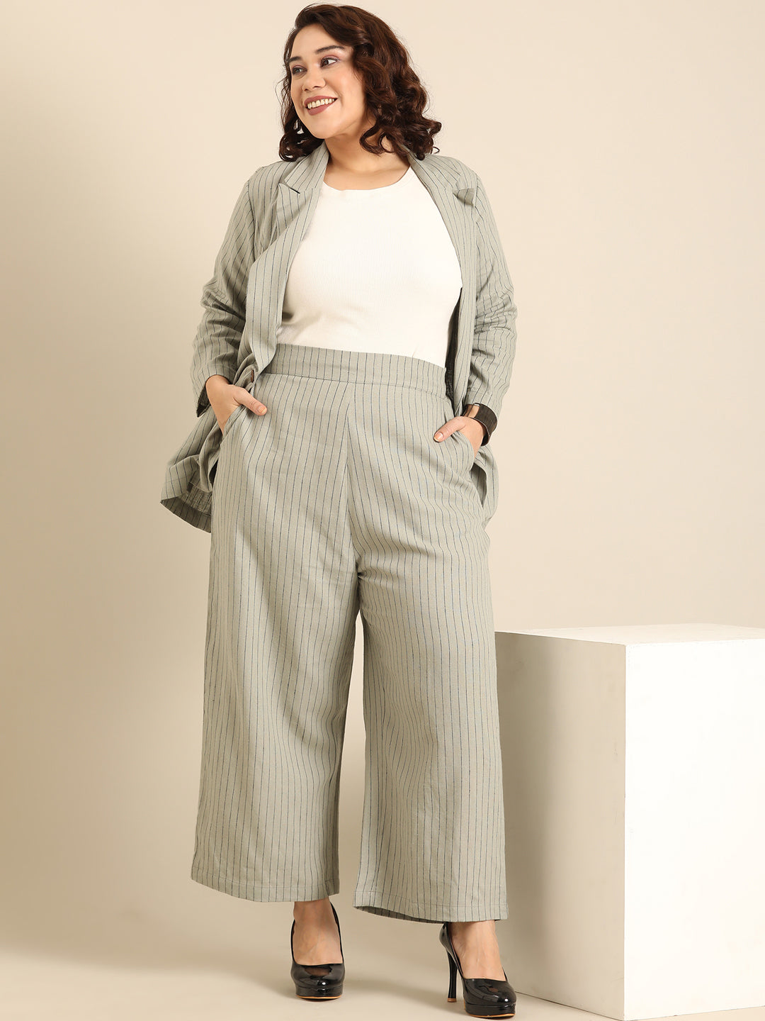 Olive Pinestripe Formal Blazer and Pant Co-ord Set (2 Piece)13