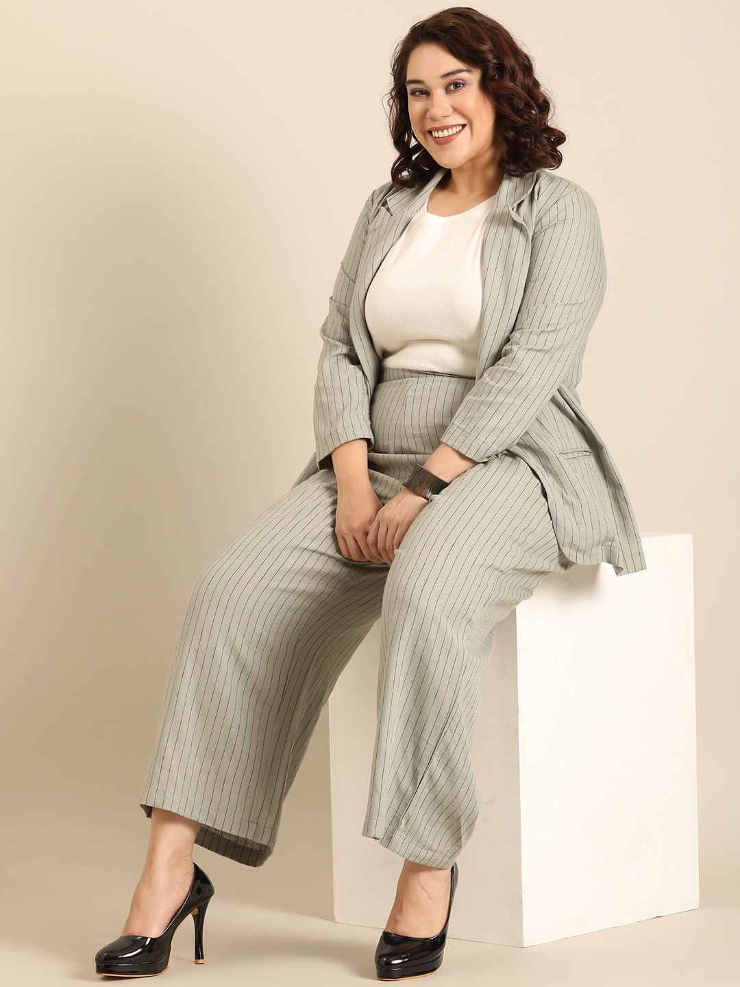 Olive Pinestripe Formal Blazer and Pant Co-ord Set (2 Piece)14