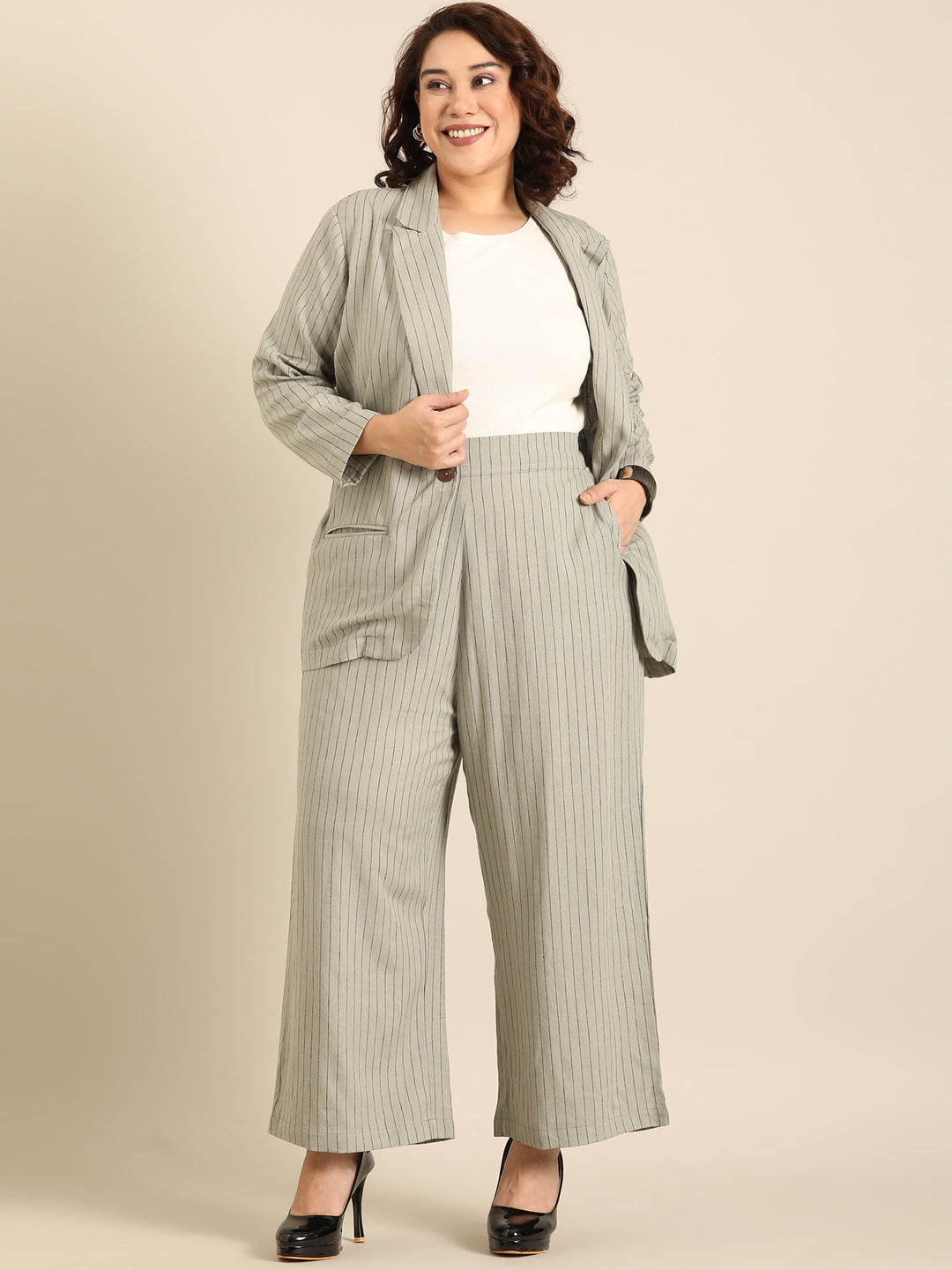 Olive Pinestripe Formal Blazer and Pant Co-ord Set (2 Piece)6