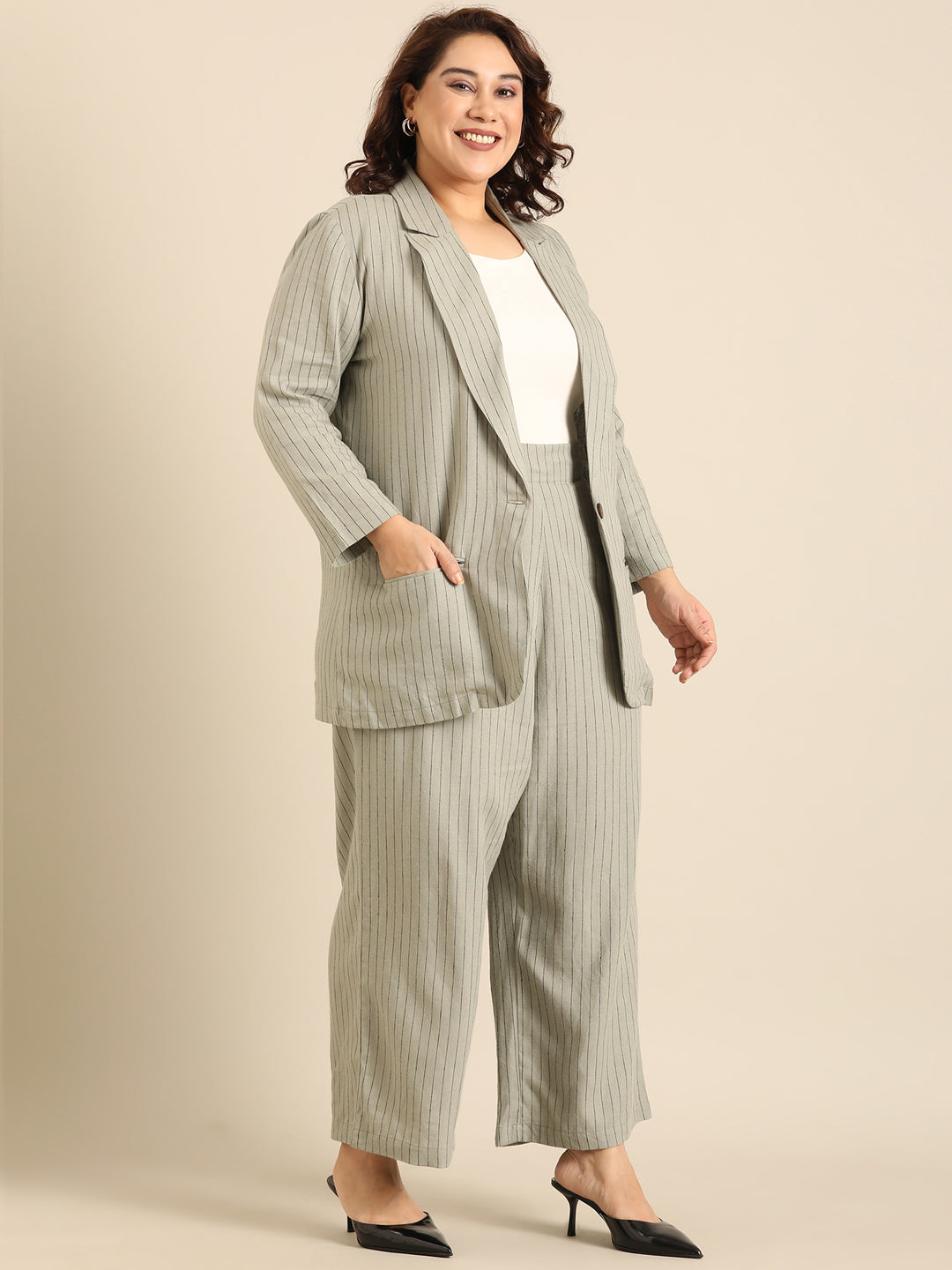 Olive Pinestripe Formal Blazer and Pant Co-ord Set (2 Piece)8