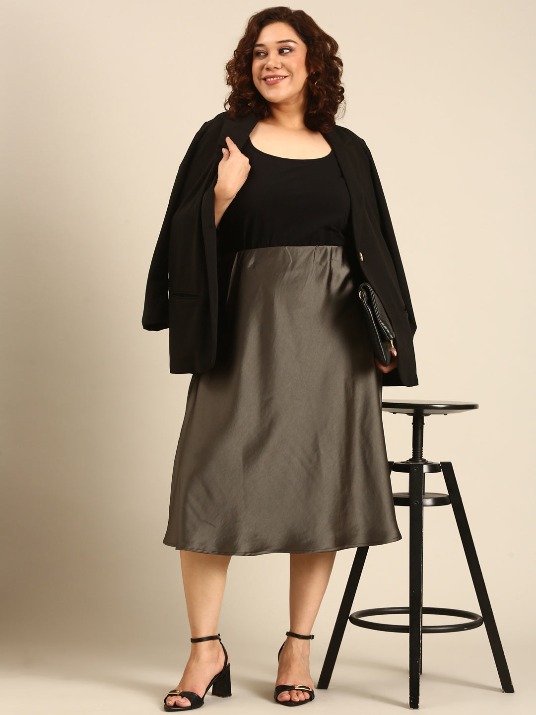 Plus Size Olive Satin Flared Skirt | The Pink Moon