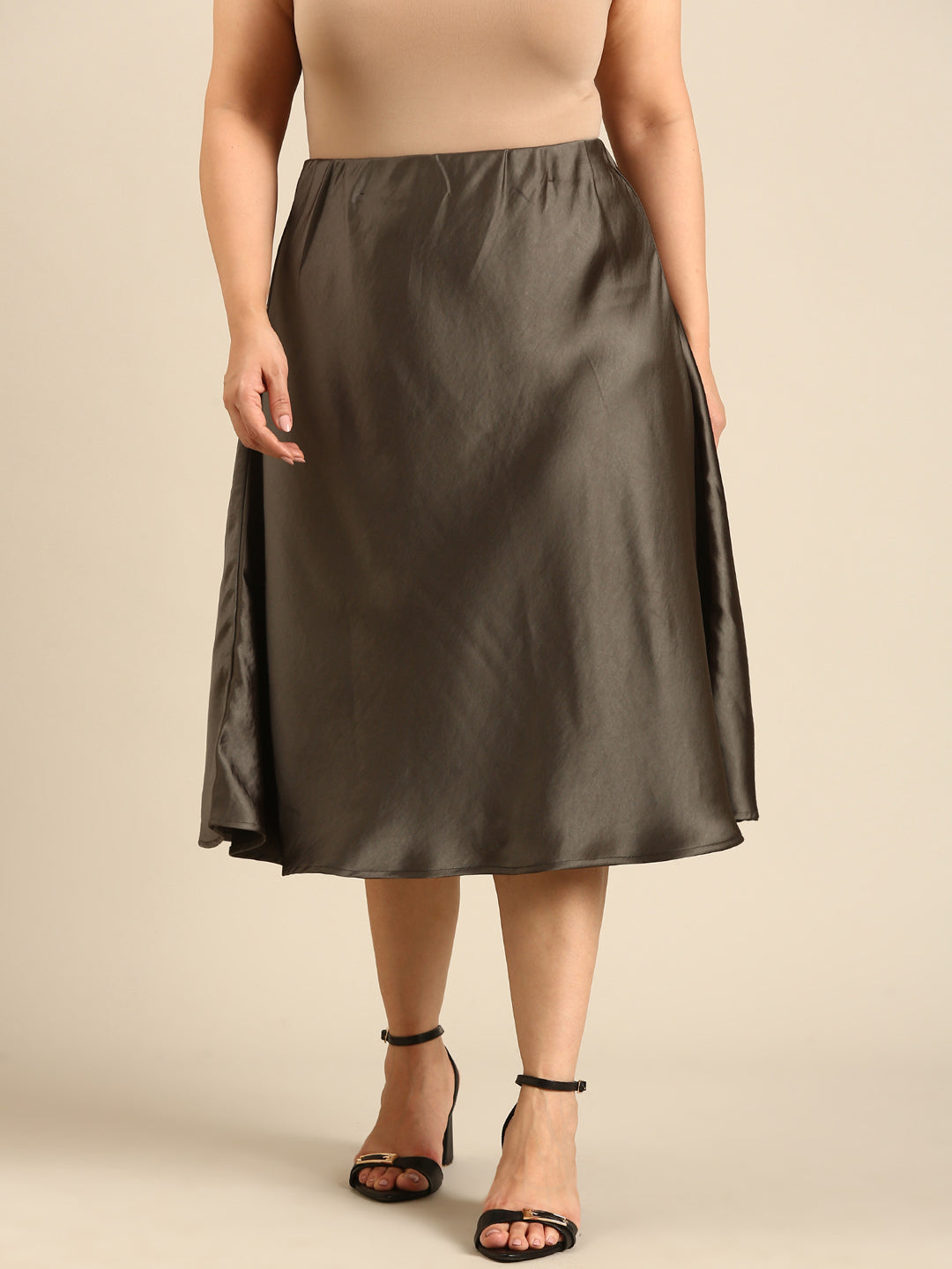 Olive Satin Flared Skirt2