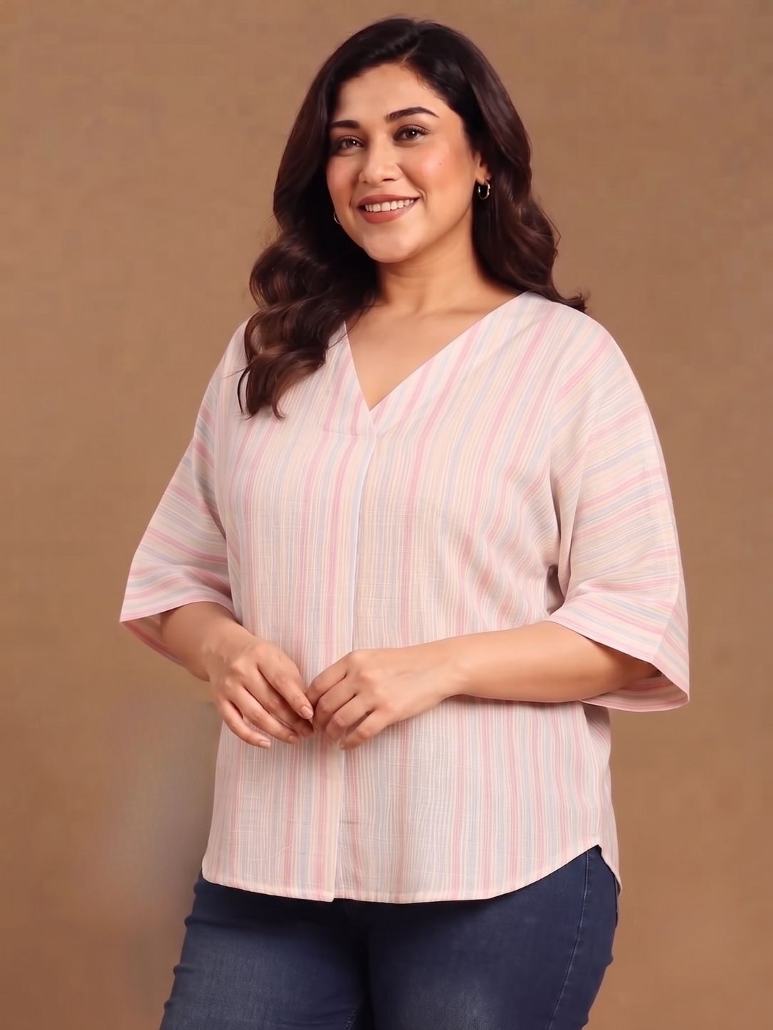 Pastel Striped V-Neck Drop Shoulder Top