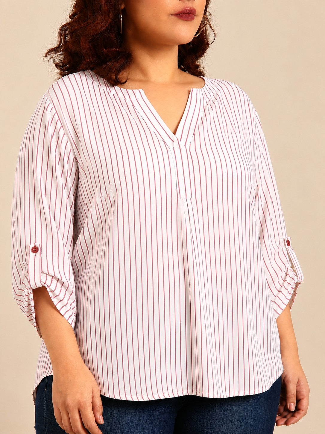 Red-White Striped V-Neck Top