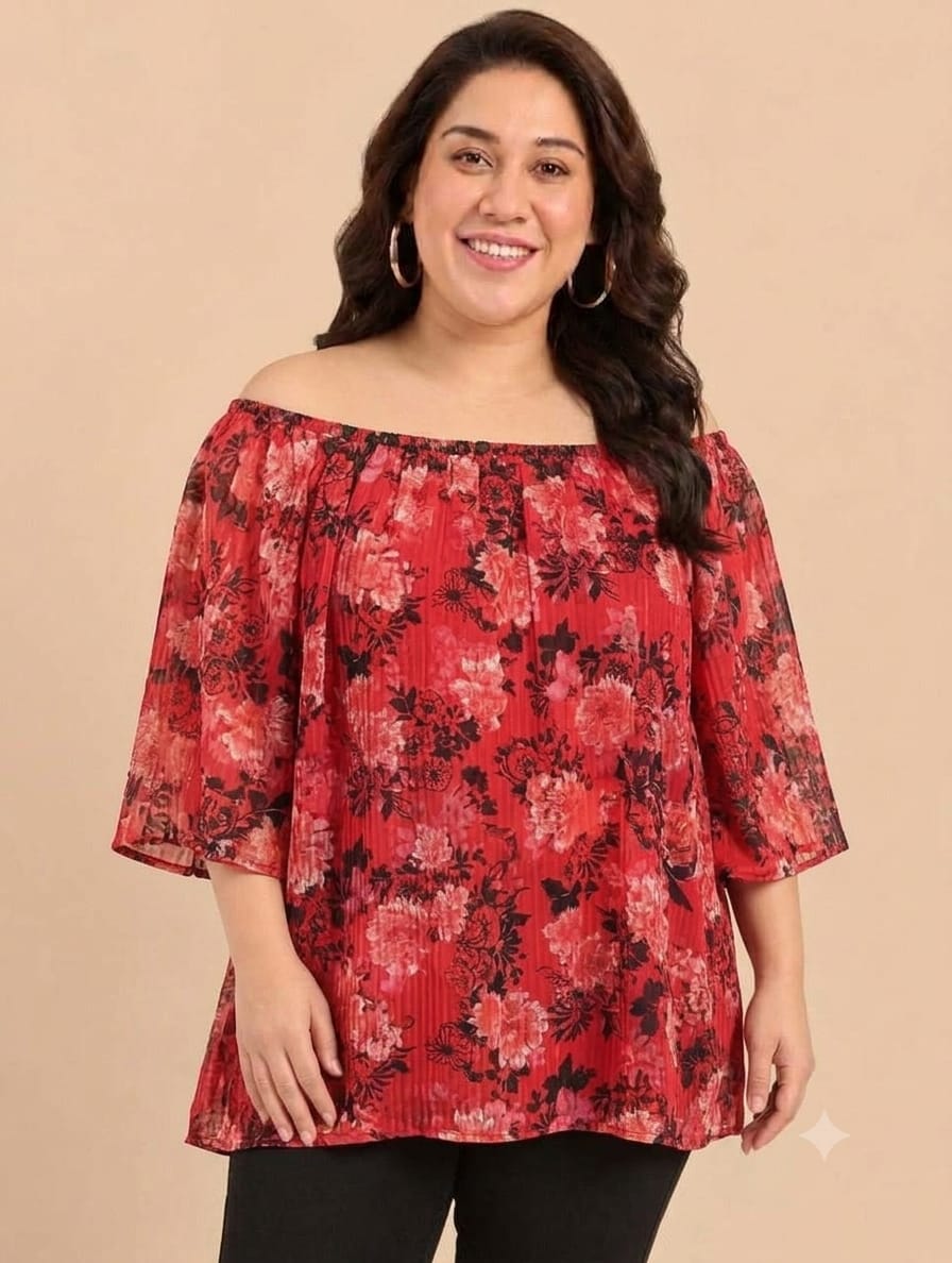 Red Floral Print Off-Shoulder Top