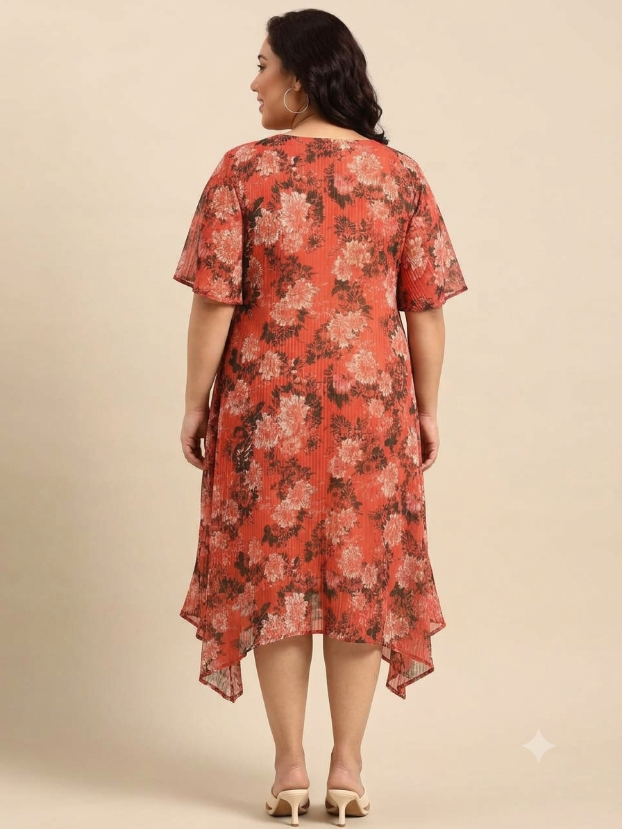 Red Floral Print V-Neck Dress