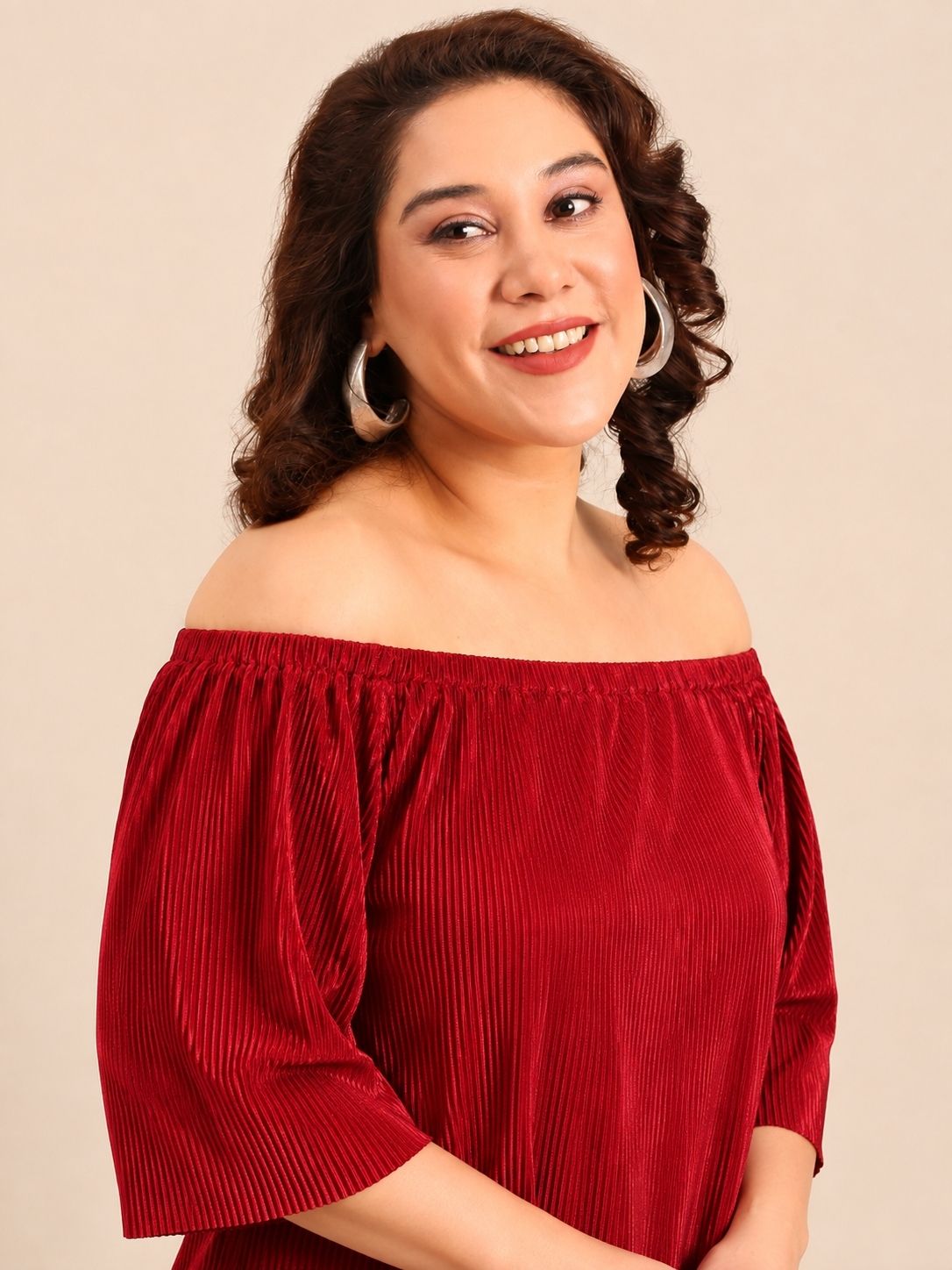 Red Pleated Off-Shoulder Top