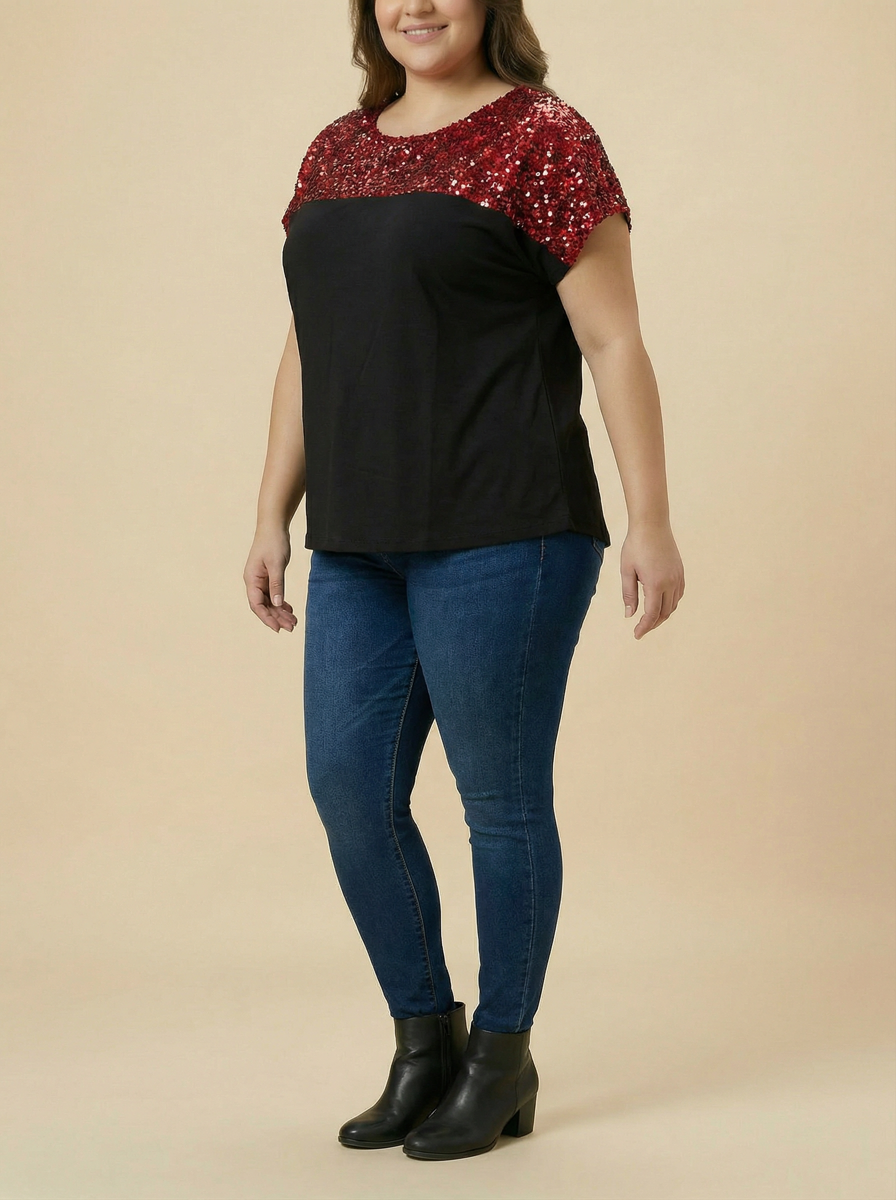 Red Sequins Fabric Colorblock Top
