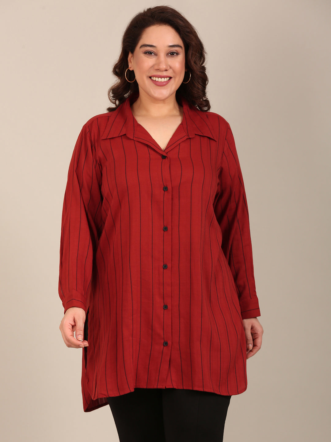 Red Striped Long-Line Shirt