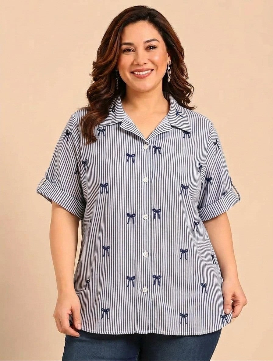 Cotton Striped Shirt with Bow Embroidery