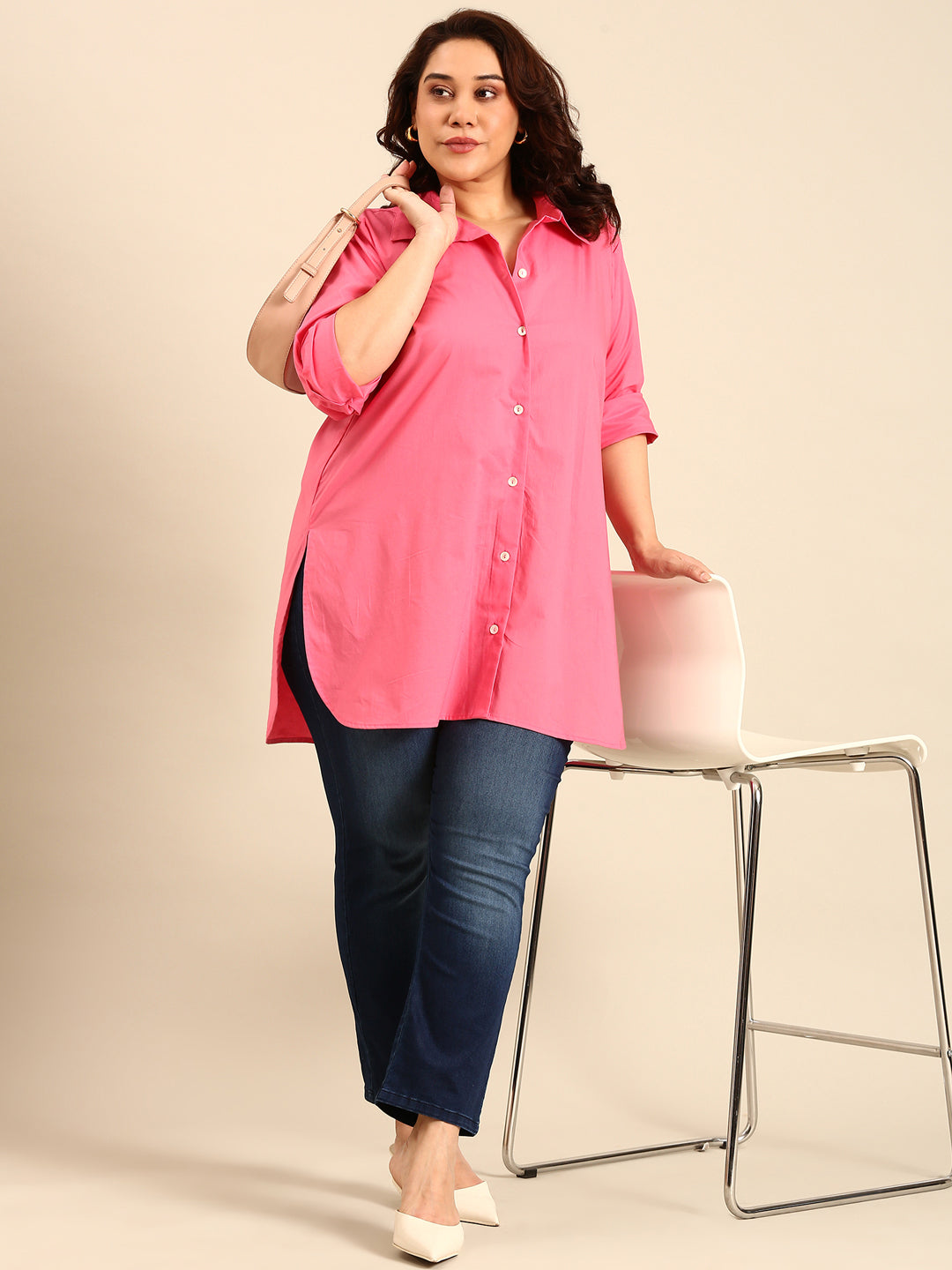 Cotton Poplin Longline Button-Down Shirt