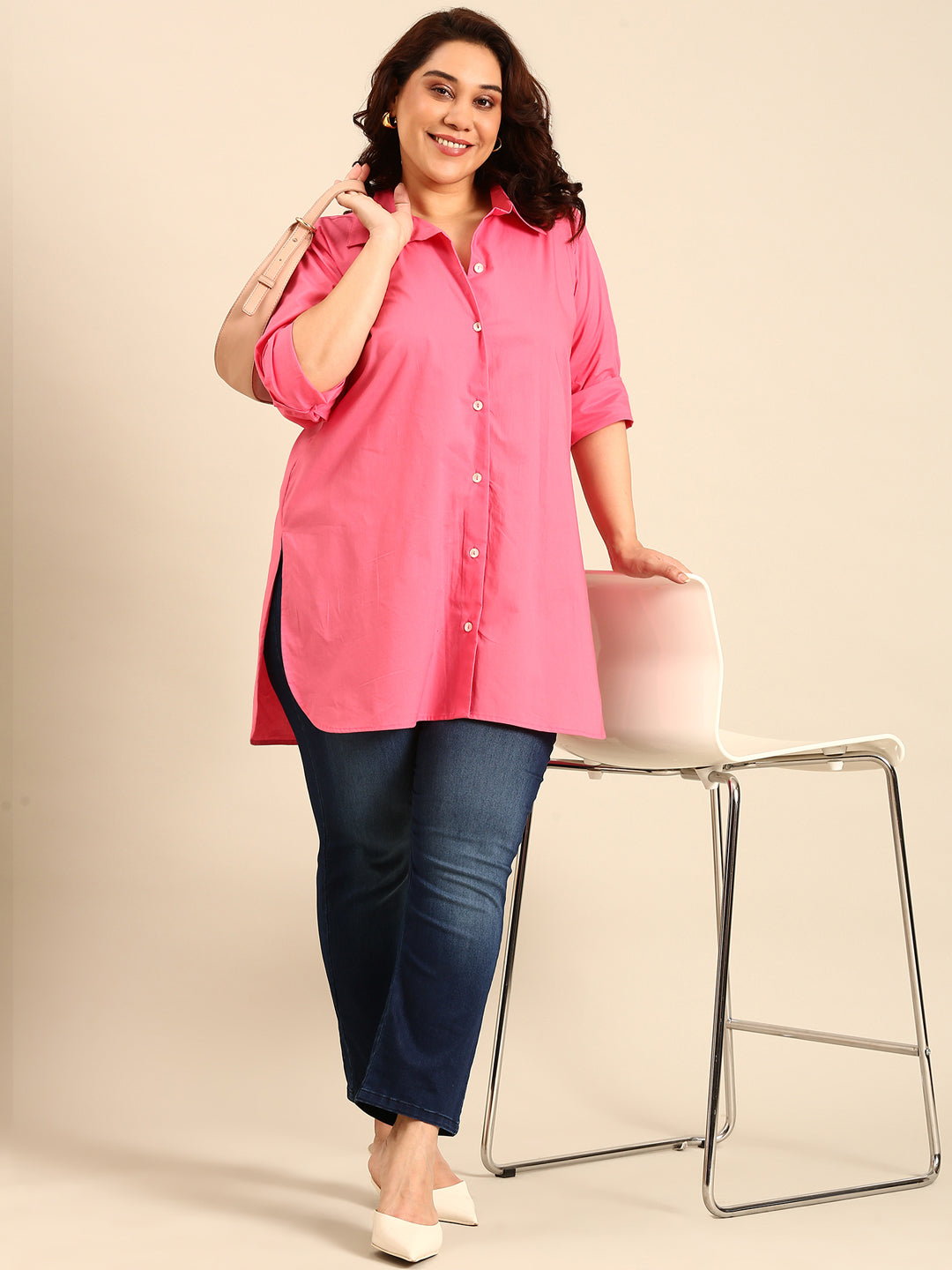 Cotton Poplin Longline Button-Down Shirt