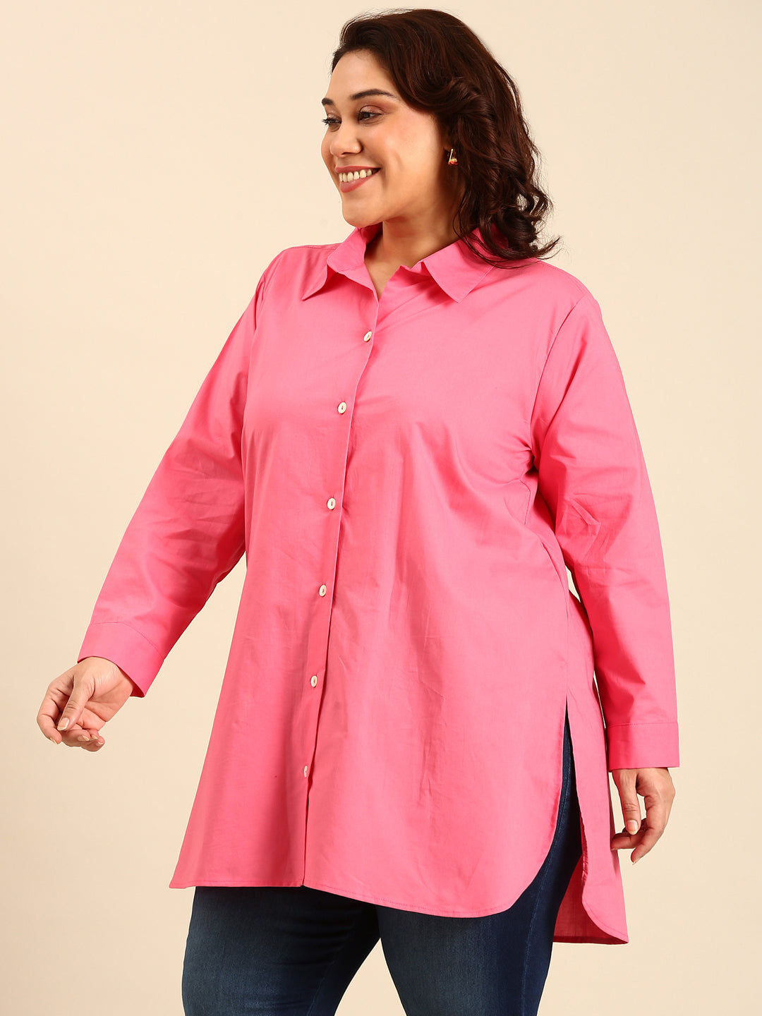 Cotton Poplin Longline Button-Down Shirt