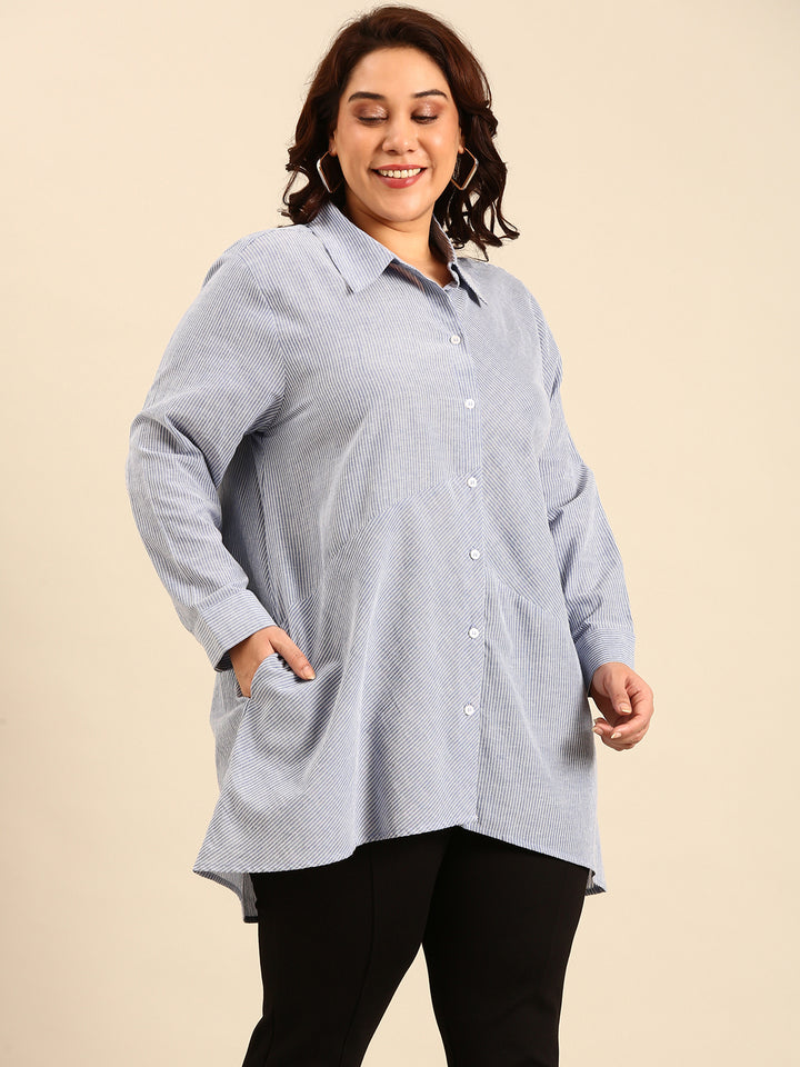 Cotton Striped Longline Button-Down Shirt