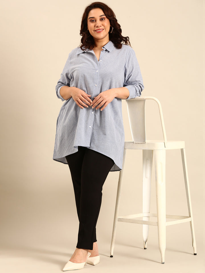 Cotton Striped Longline Button-Down Shirt