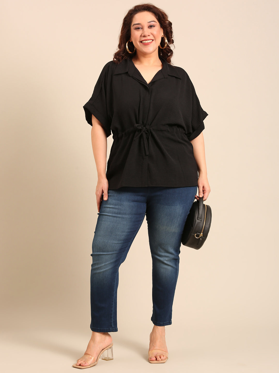 Black Relaxed Fit Drawstring Shirt