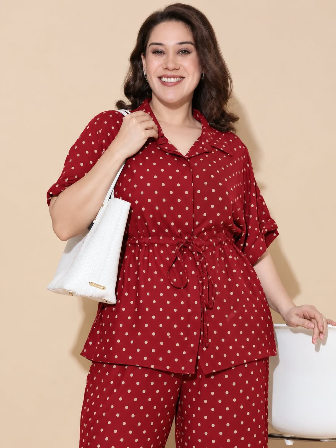 Red Polka Dot Linen Drawstring Shirt