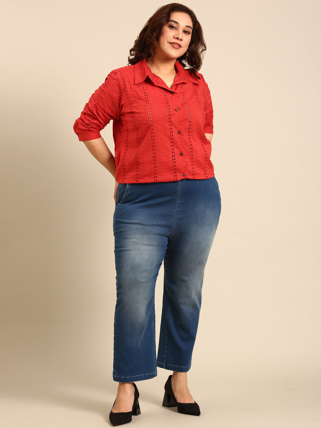 Cotton Red Schiffli Shirt