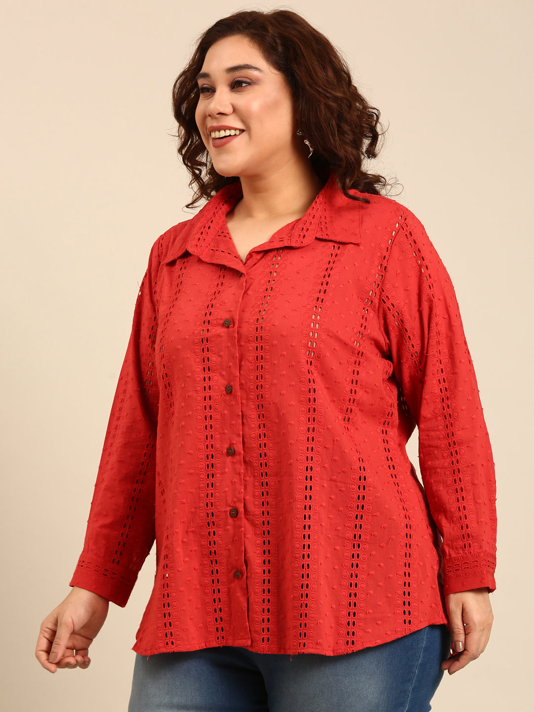 Cotton Red Schiffli Shirt