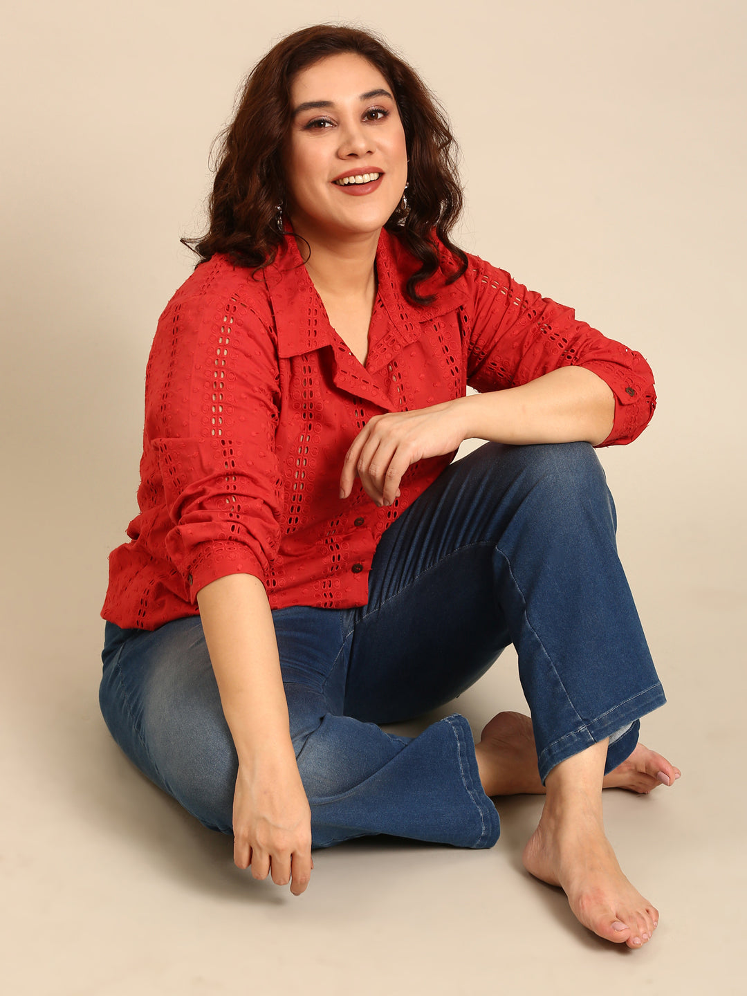 Cotton Red Schiffli Shirt