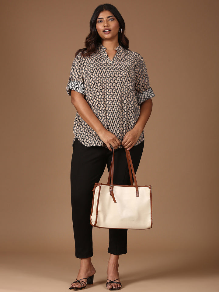 Relaxed Fit Printed Top-Beige