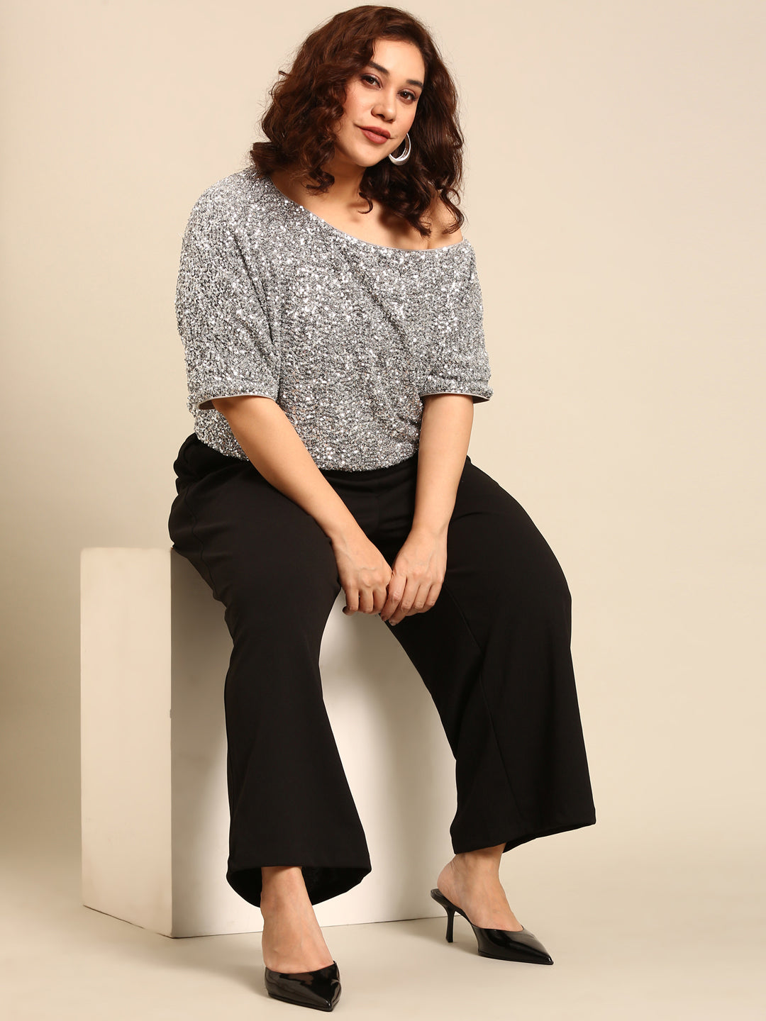 Silver Sequin Top & Black Korean Pants Co-Ord Set (2 Piece)2