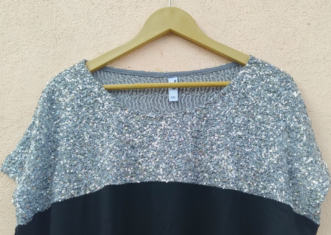 Silver Sequin Yoke Black Top