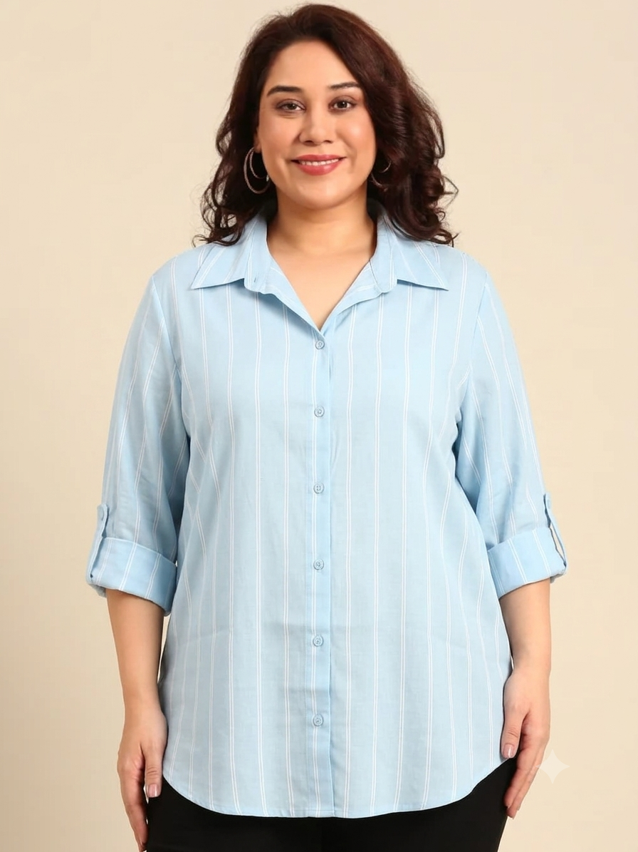 Sky Blue Striped Oversized Shirt with Roll-Up Sleeves