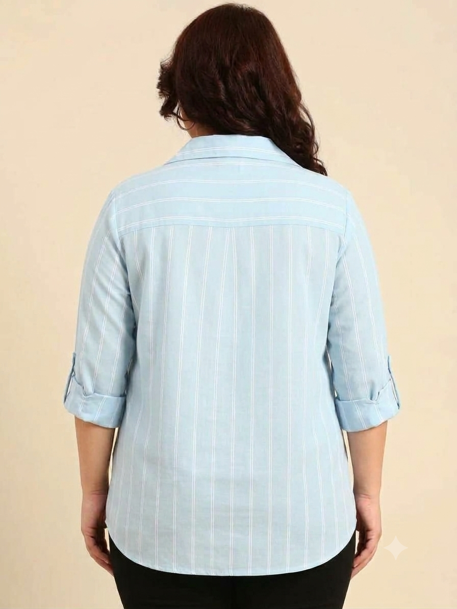 Sky Blue Striped Oversized Shirt with Roll-Up Sleeves