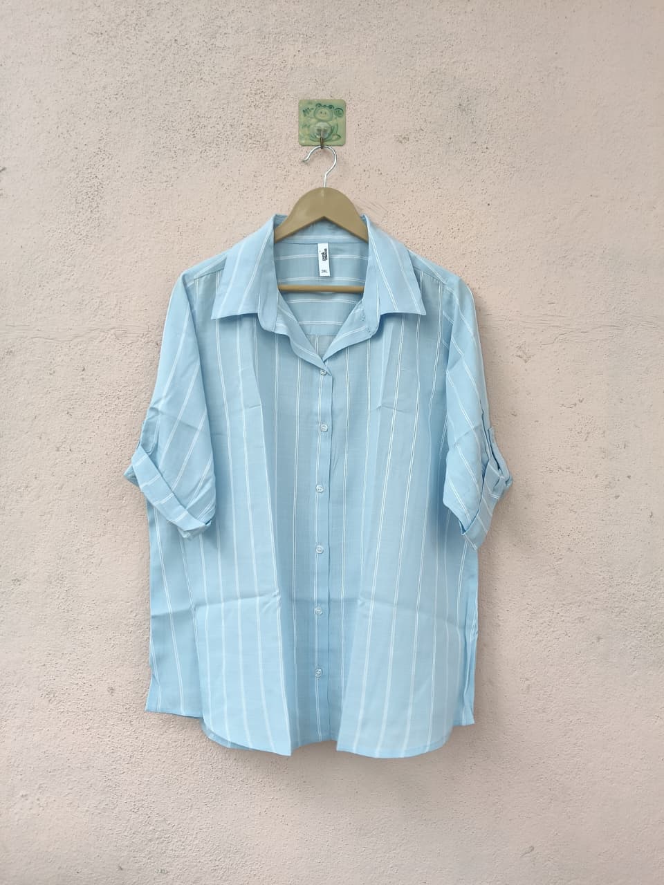 Sky Blue Striped Oversized Shirt with Roll-Up Sleeves