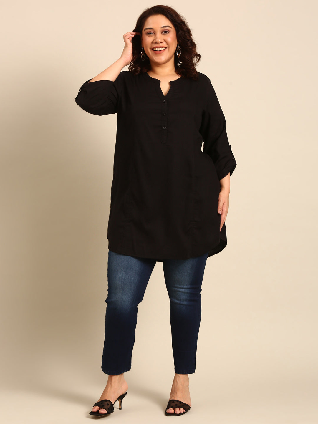 Solid Black Mandarin Neck Tunic