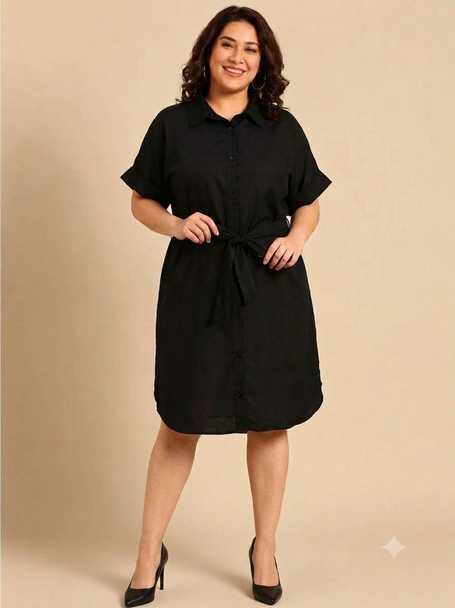 Solid Black Midi Shirt Dress