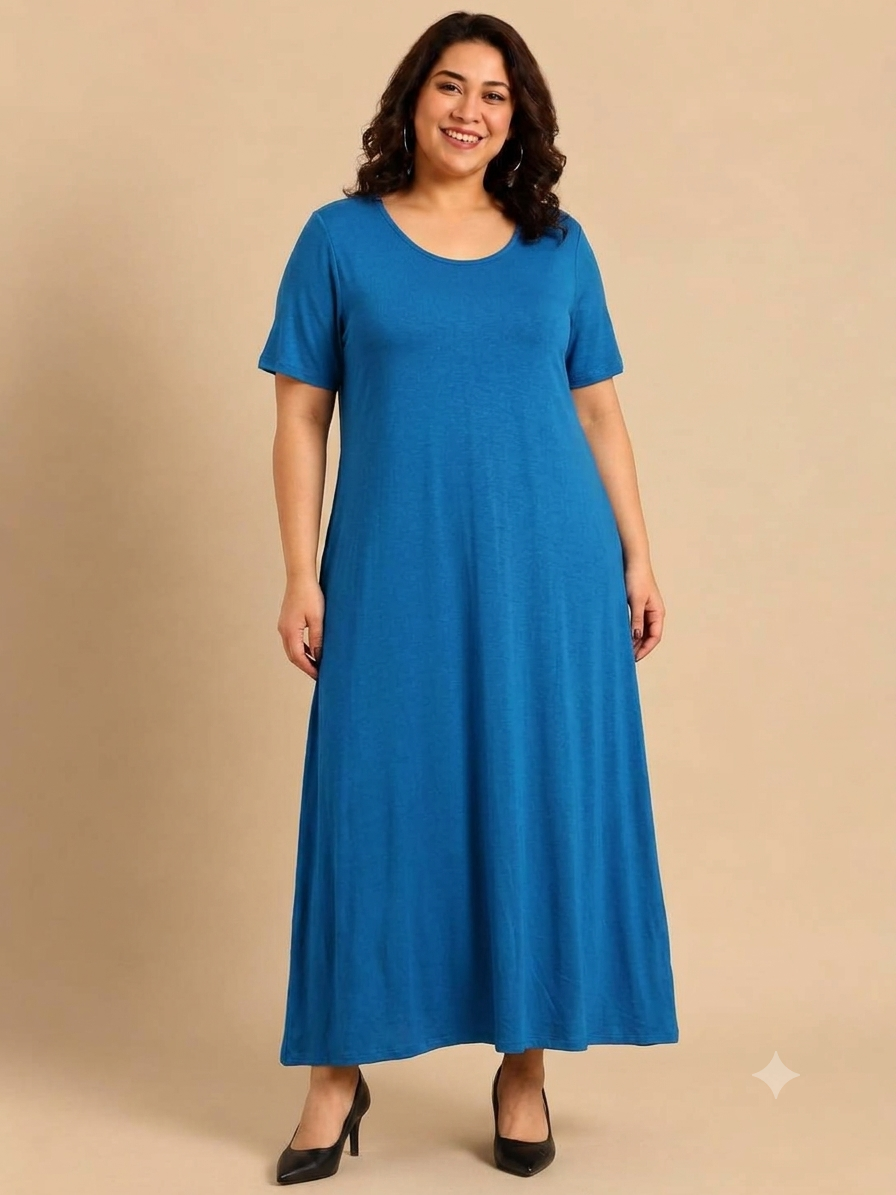 Solid Blue Short-Sleeve Maxi Dress