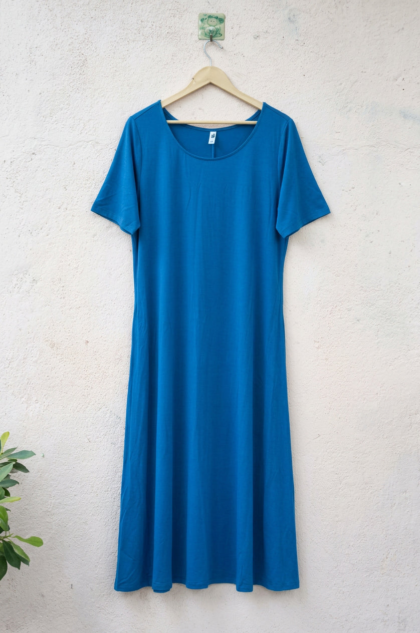 Solid Blue Short-Sleeve Maxi Dress