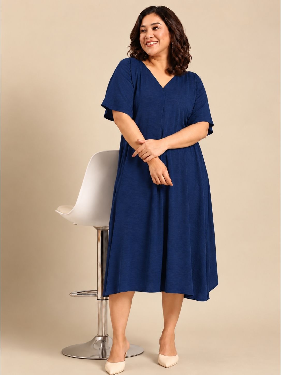 Solid Navy Blue V-Neck Flared Midi Dress