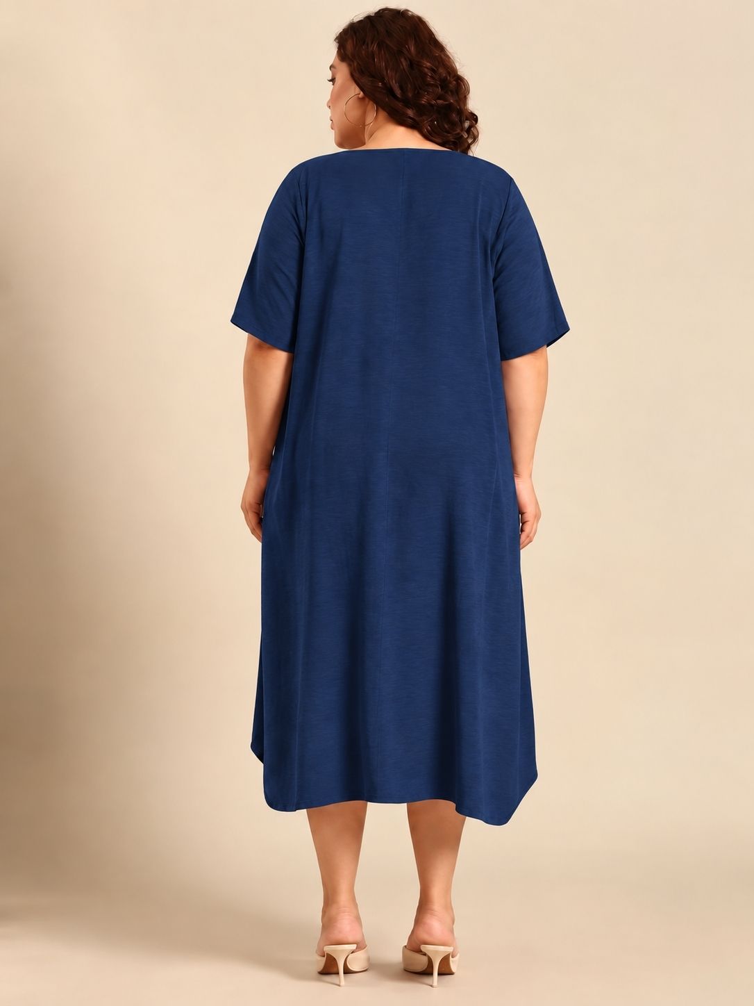 Solid Navy Blue V-Neck Flared Midi Dress