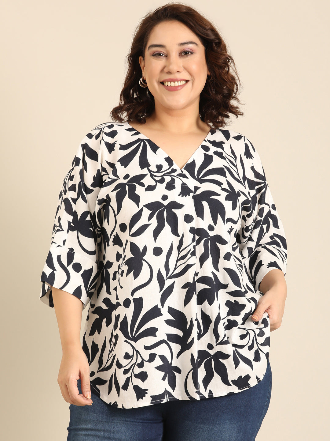 White-Navy Floral Print V- Neck Drop Shoulder Top