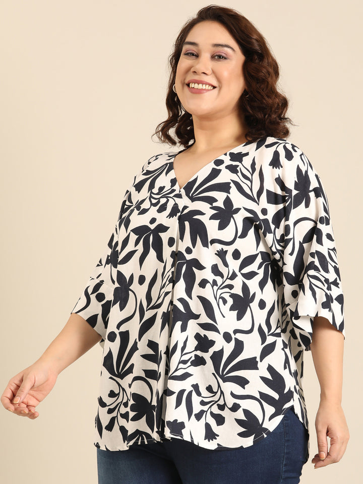 White-Navy Floral Print V- Neck Drop Shoulder Top