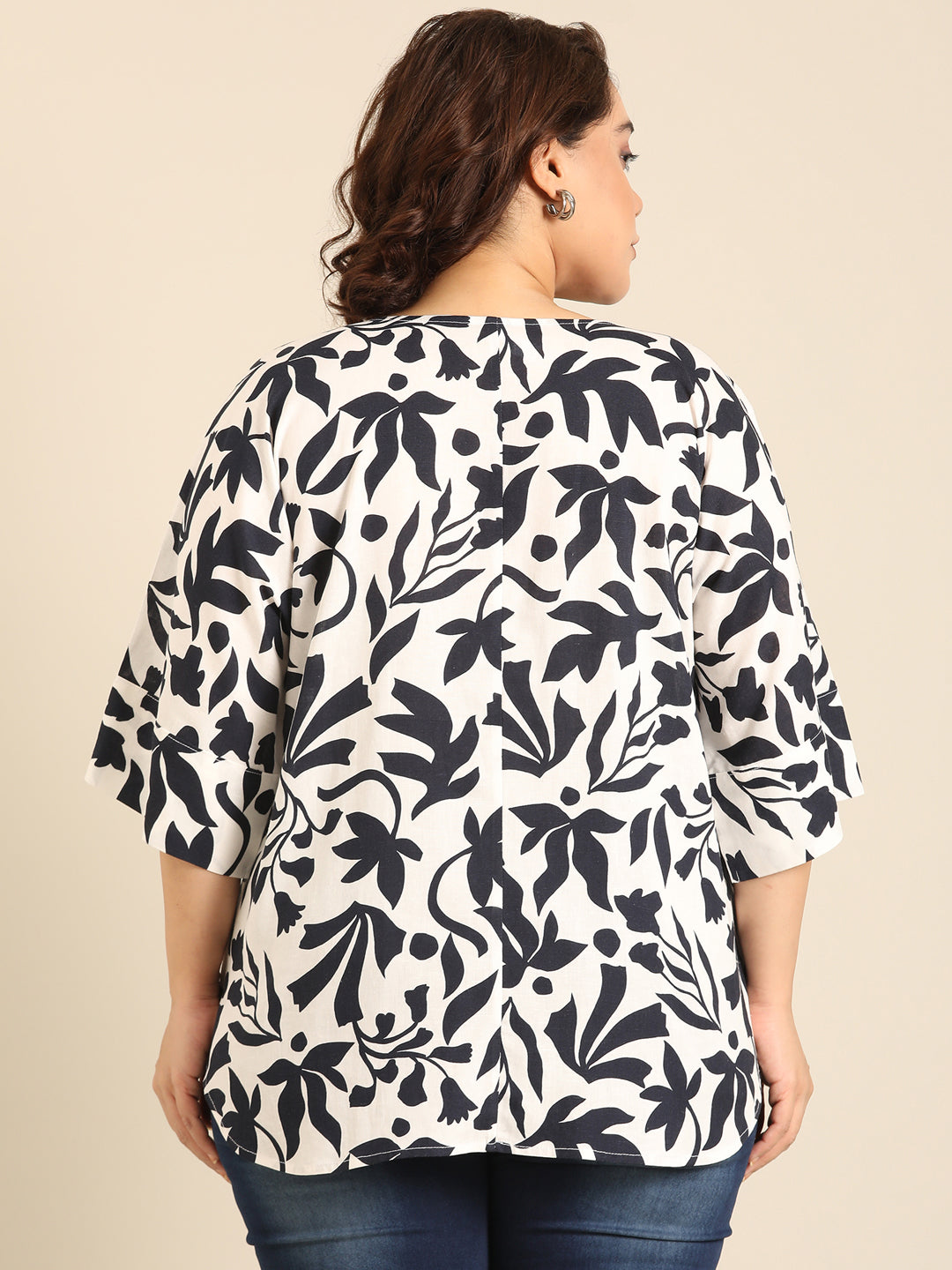 White-Navy Floral Print V- Neck Drop Shoulder Top