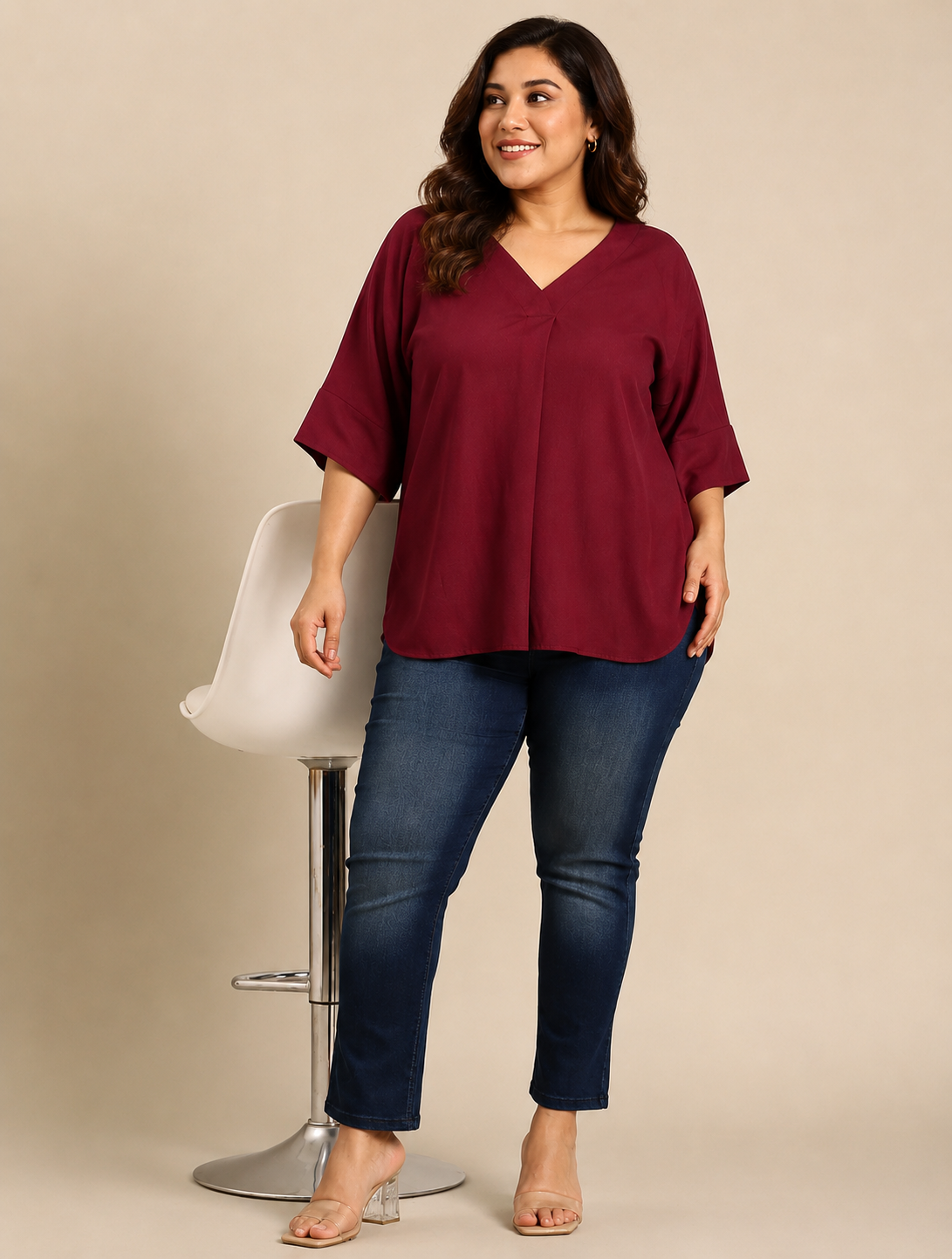 Wine Linen V-Neck Drop Shoulder Top