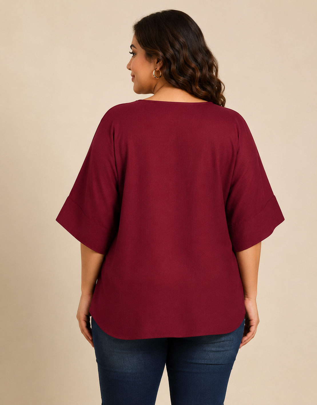 Wine Linen V-Neck Drop Shoulder Top
