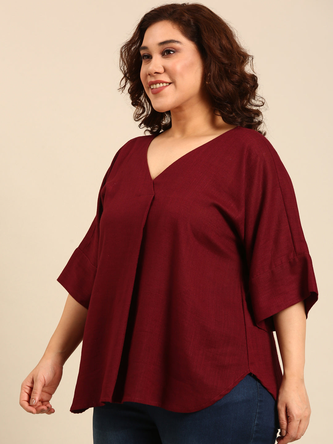 Wine Linen V-Neck Drop Shoulder Top