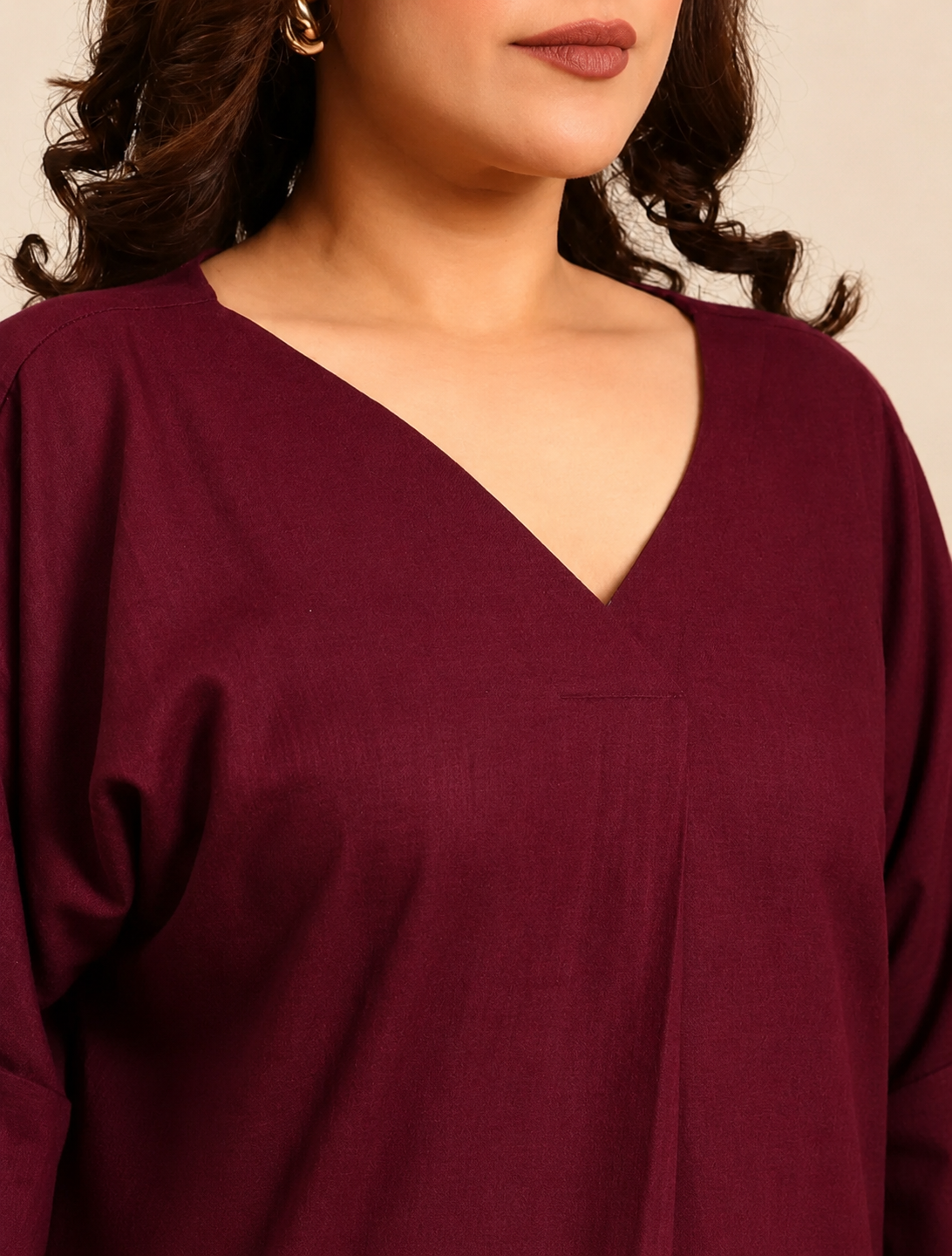 Wine Linen V-Neck Drop Shoulder Top