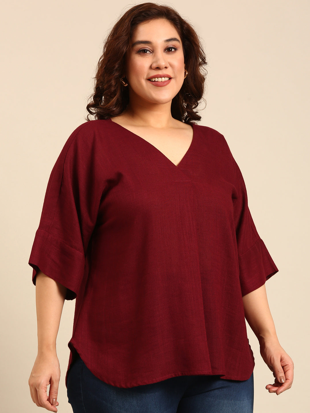 Wine Linen V-Neck Drop Shoulder Top