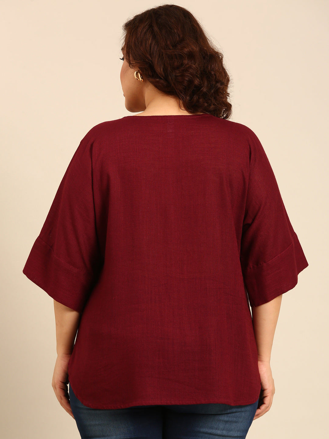 Wine Linen V-Neck Drop Shoulder Top