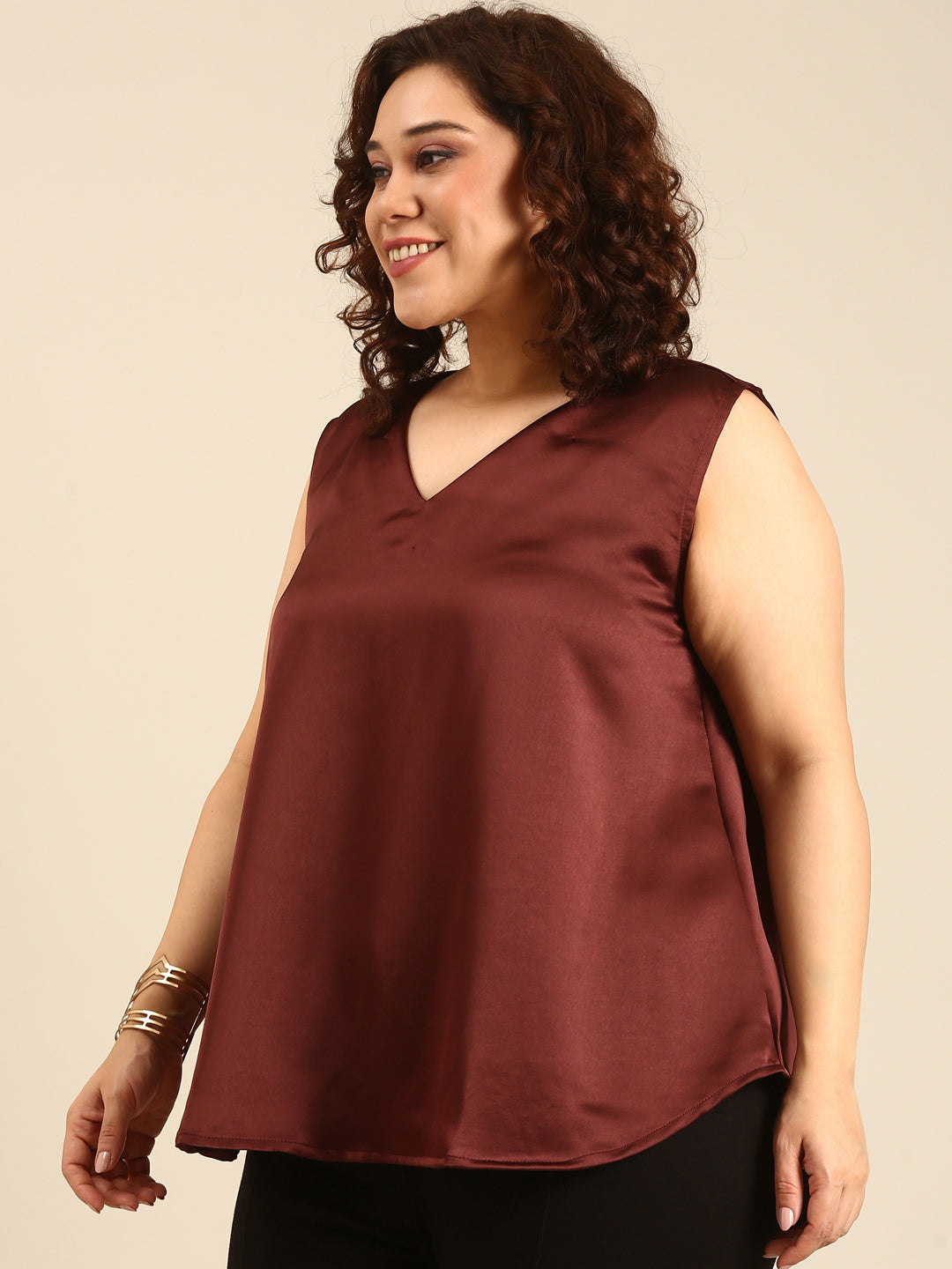 Brown Sleeveless Satin Top