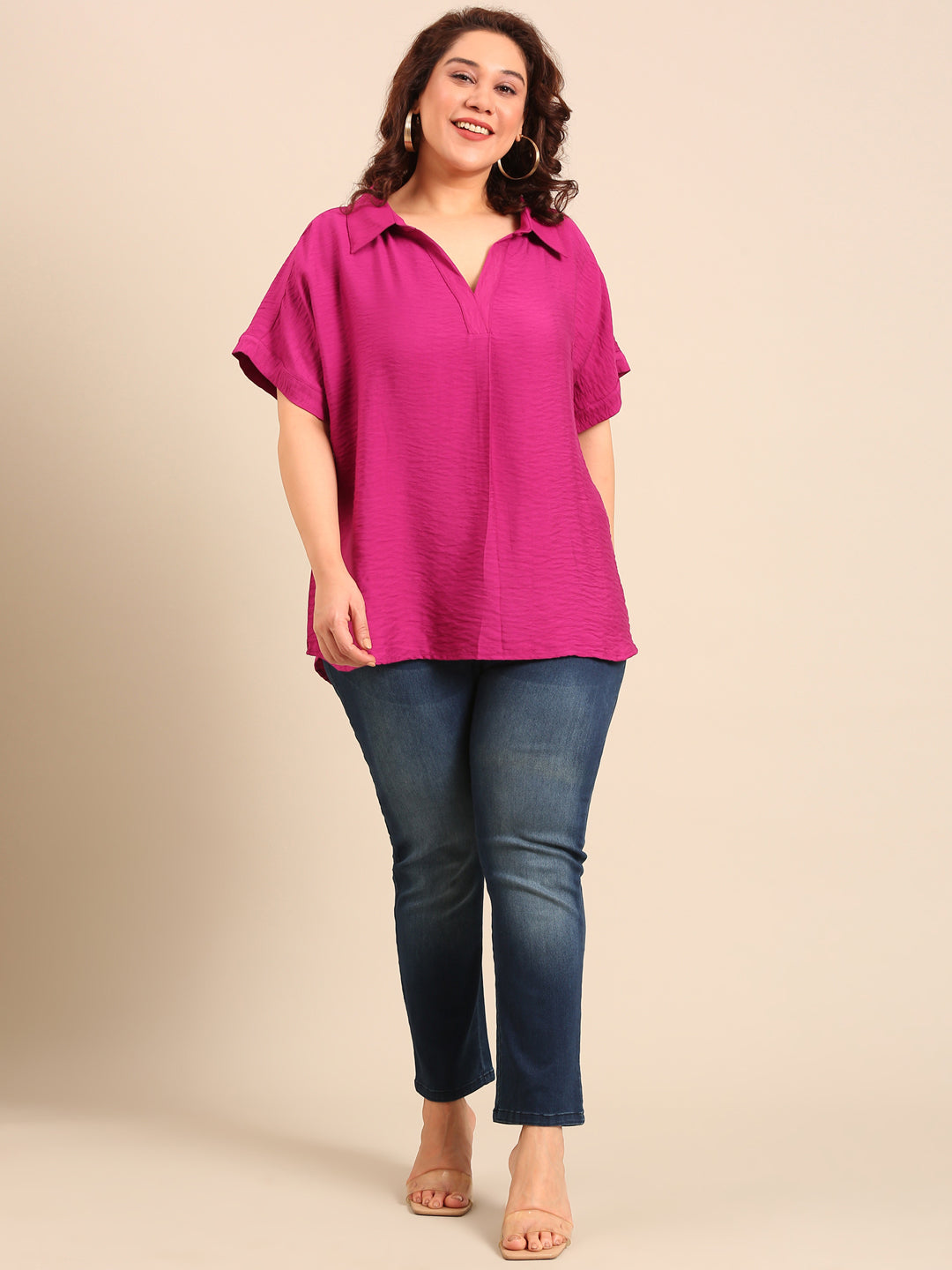Pink Collar Neck Drop Shoulder Top